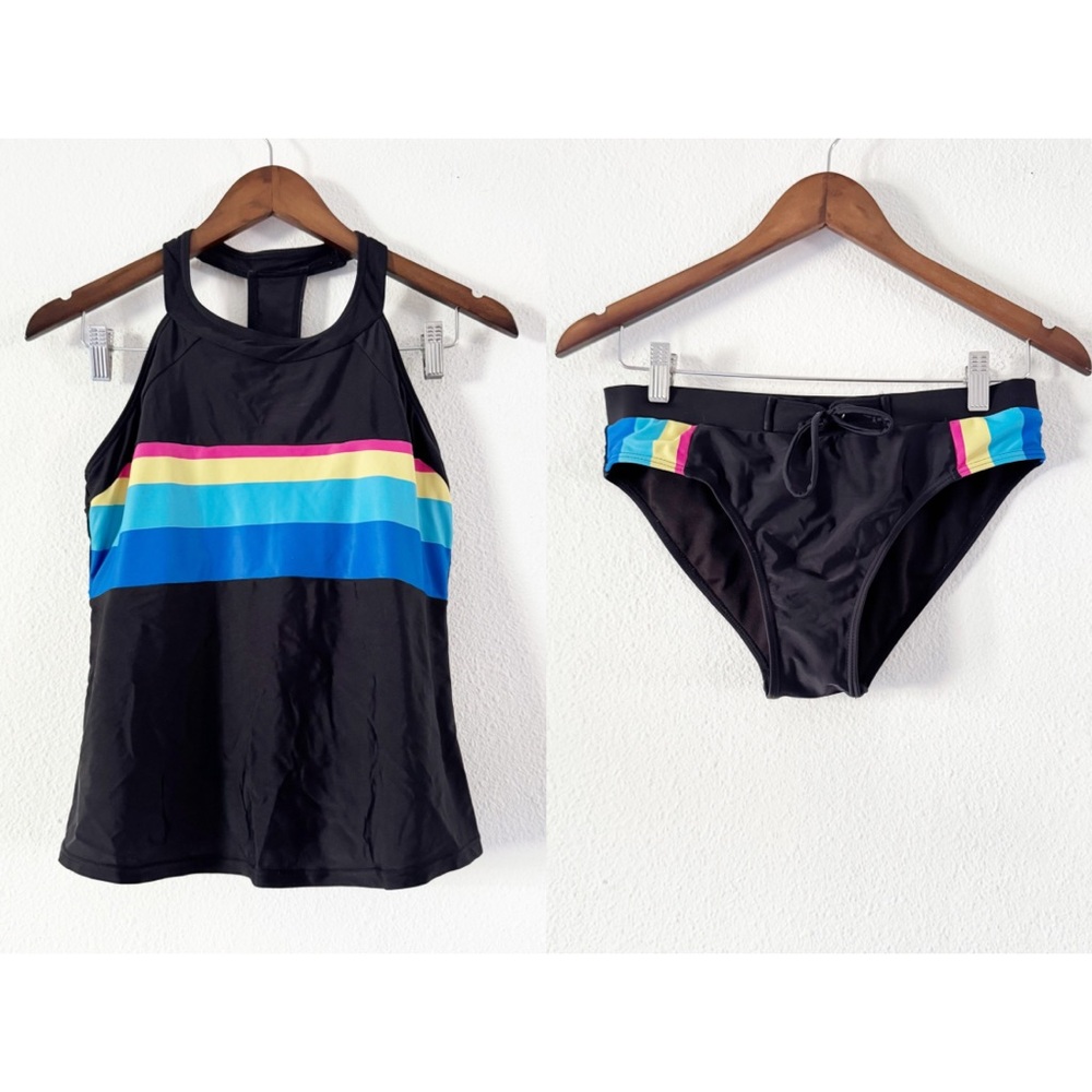 Rainbow Retro Sporty Swimsuit 2 Piece Surfing Tankini Sporty Medium Athleisure - Picture 2 of 16